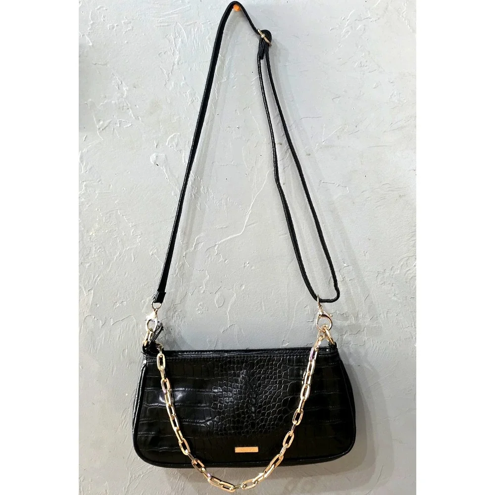 Elegant Aldo Shiny Black Mock Croc Shoulder Bag With Gold Chain Strap Date Night